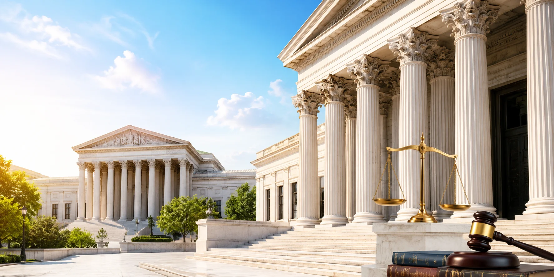 Courthouse columns with scales of justice