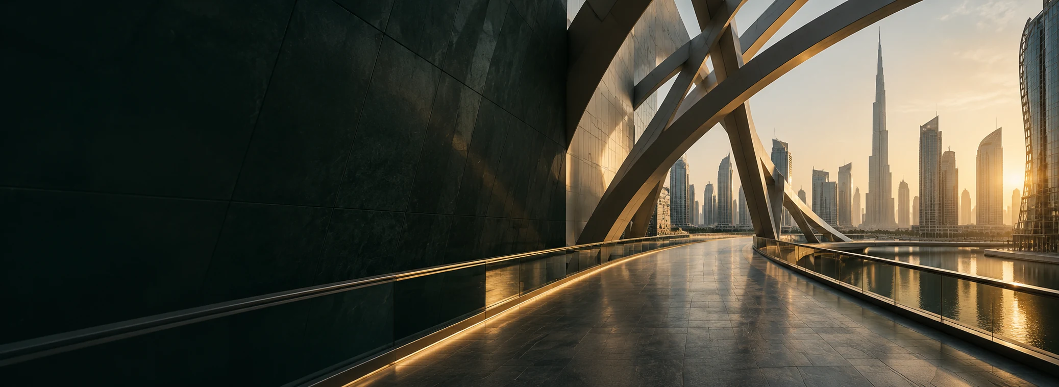 Architectural pathway leading toward the UAE business district