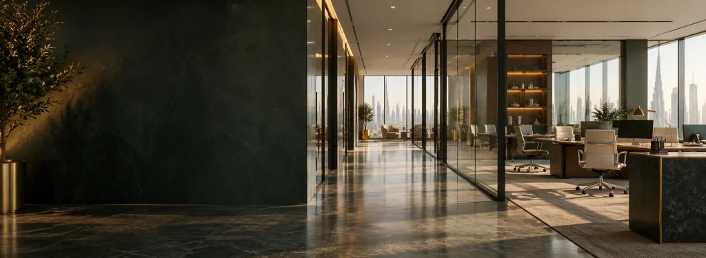 Structured modern corporate office interior without people