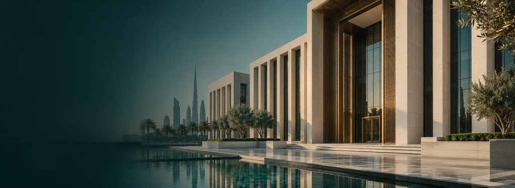 Institutional UAE building facade with ordered architectural geometry