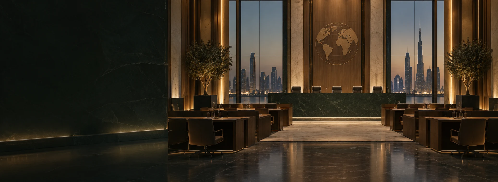 Modern international arbitration venue overlooking the UAE skyline