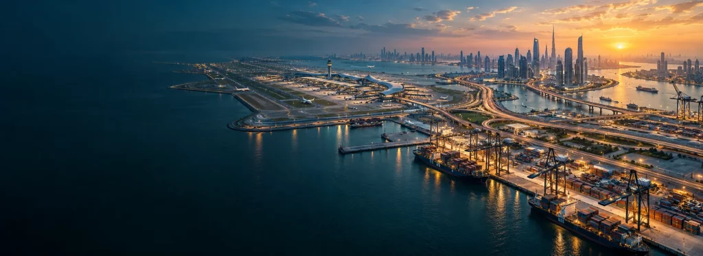 Connected airport port and city infrastructure across a regional business hub