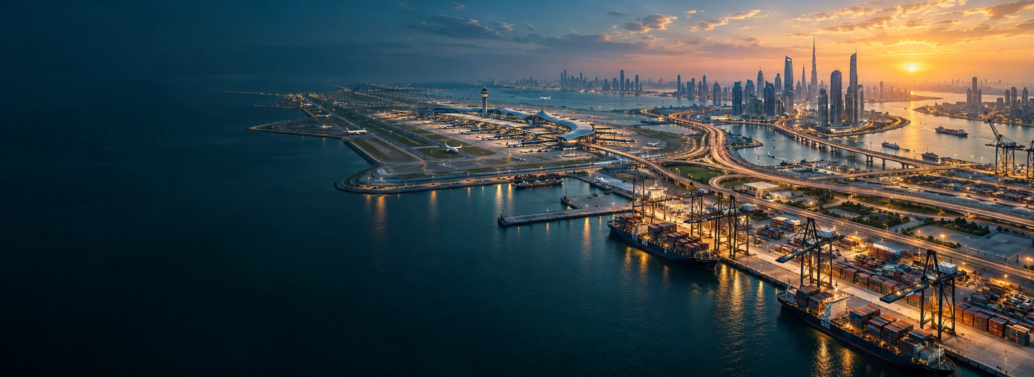 Connected airport port and city infrastructure across a regional business hub