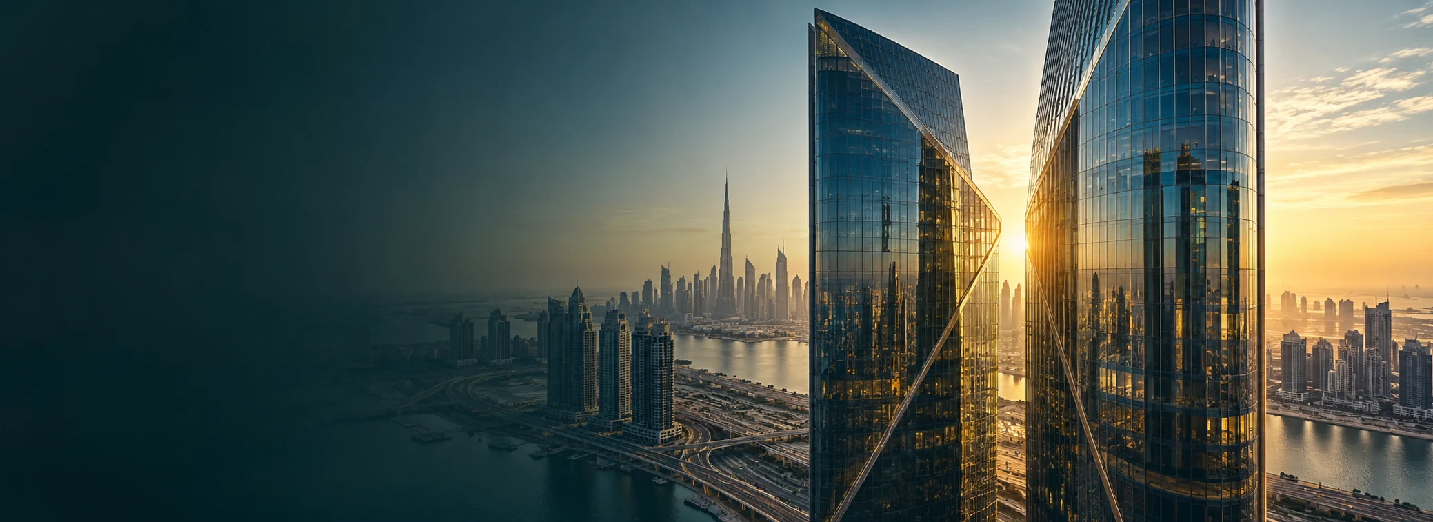 Intersecting corporate towers overlooking the UAE business district