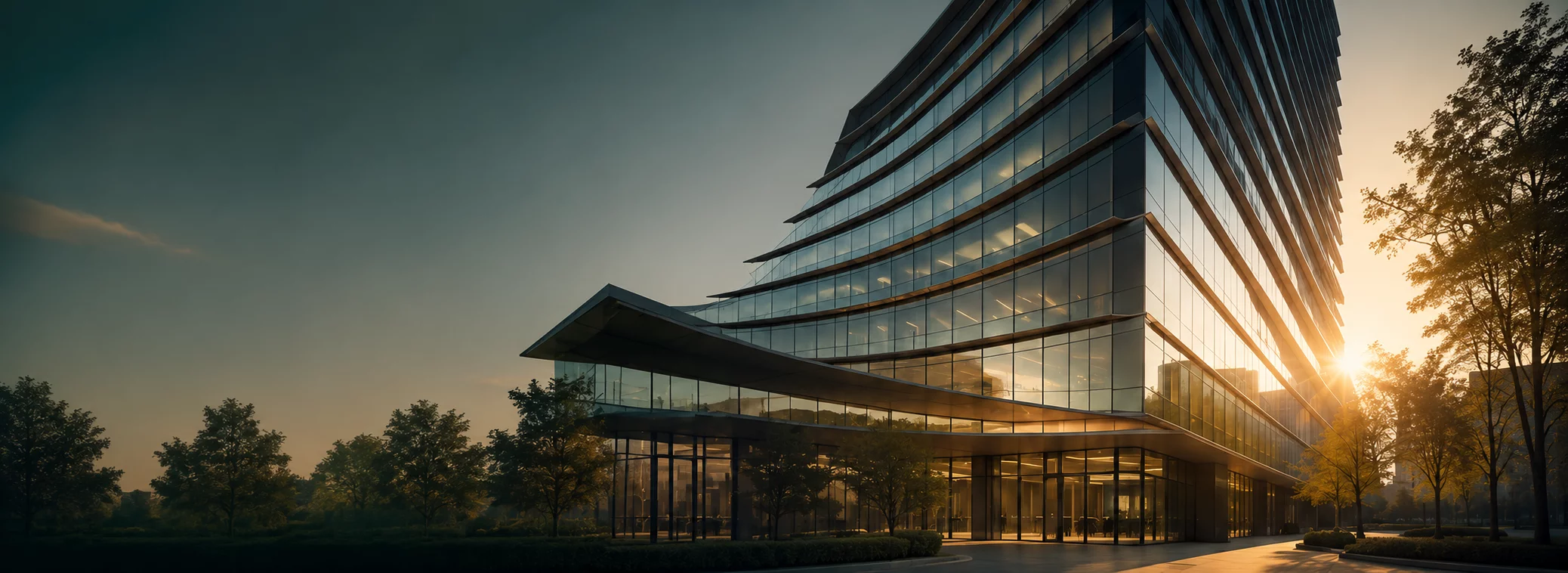 Modern commercial office building at sunset
