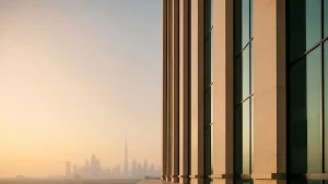 Modern UAE facade with Dubai skyline in the distance