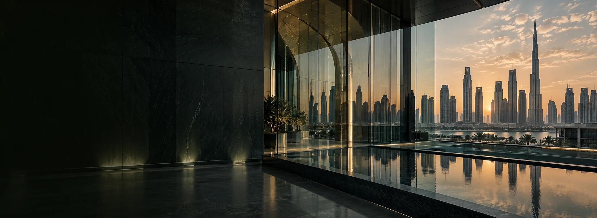 Secure modern business architecture with the UAE skyline reflected in glass