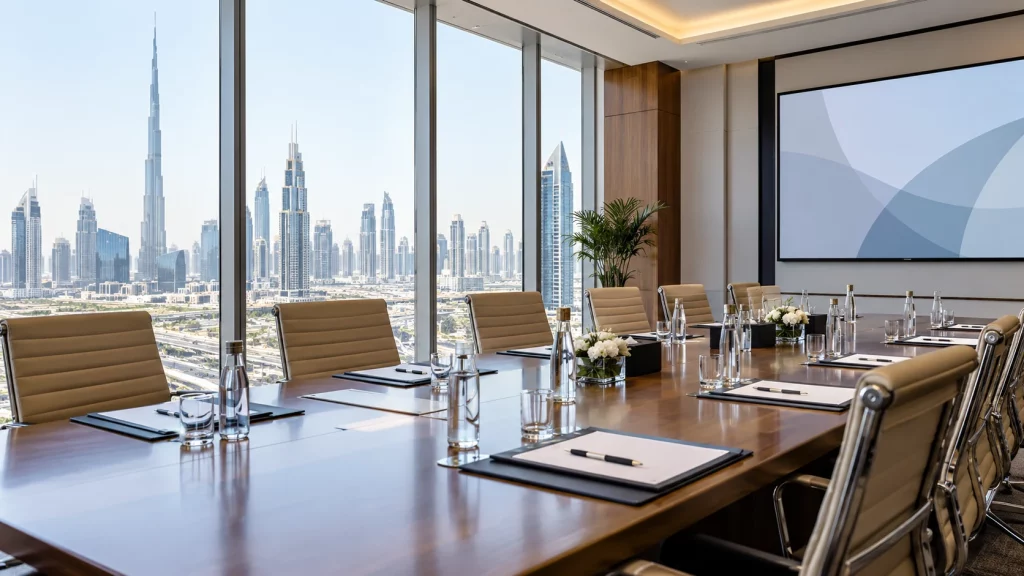 Modern Dubai conference room prepared for a business law workshop