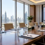 Modern Dubai conference room prepared for a business law workshop