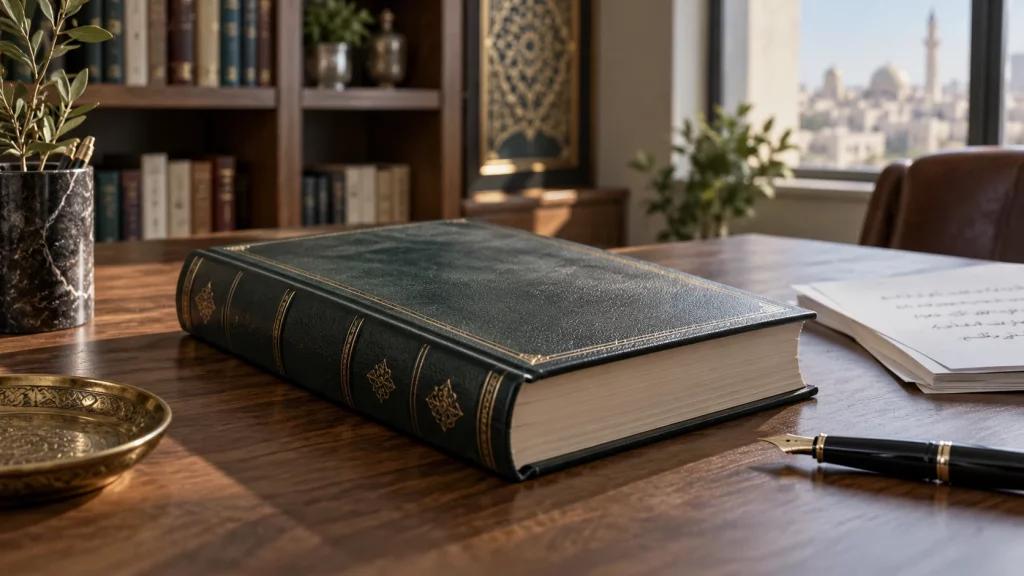 Legal advocacy book and papers on a library desk