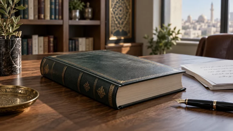 Legal advocacy book and papers on a library desk