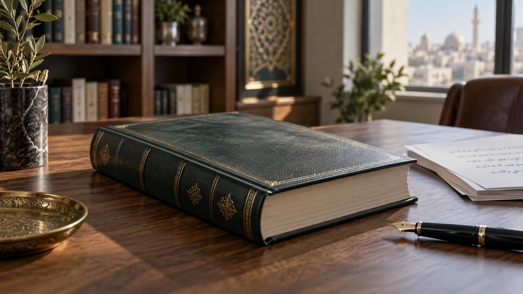 Legal advocacy book and papers on a library desk