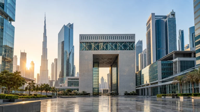 Dubai financial district skyline and institutional architecture