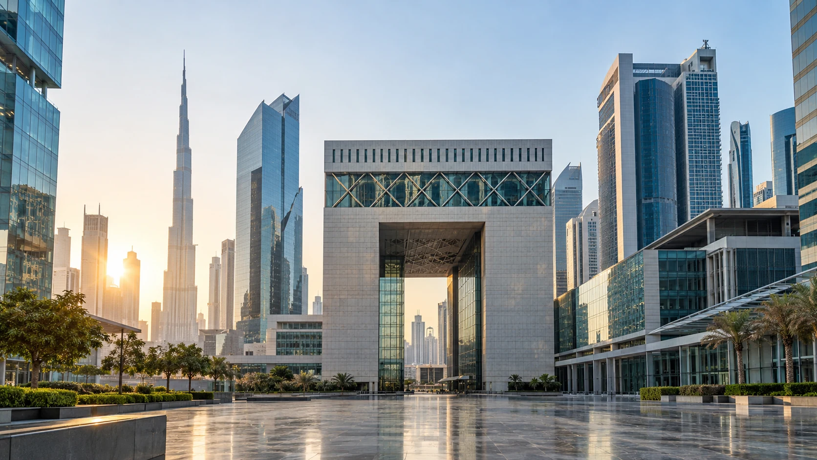 Dubai financial district skyline and institutional architecture